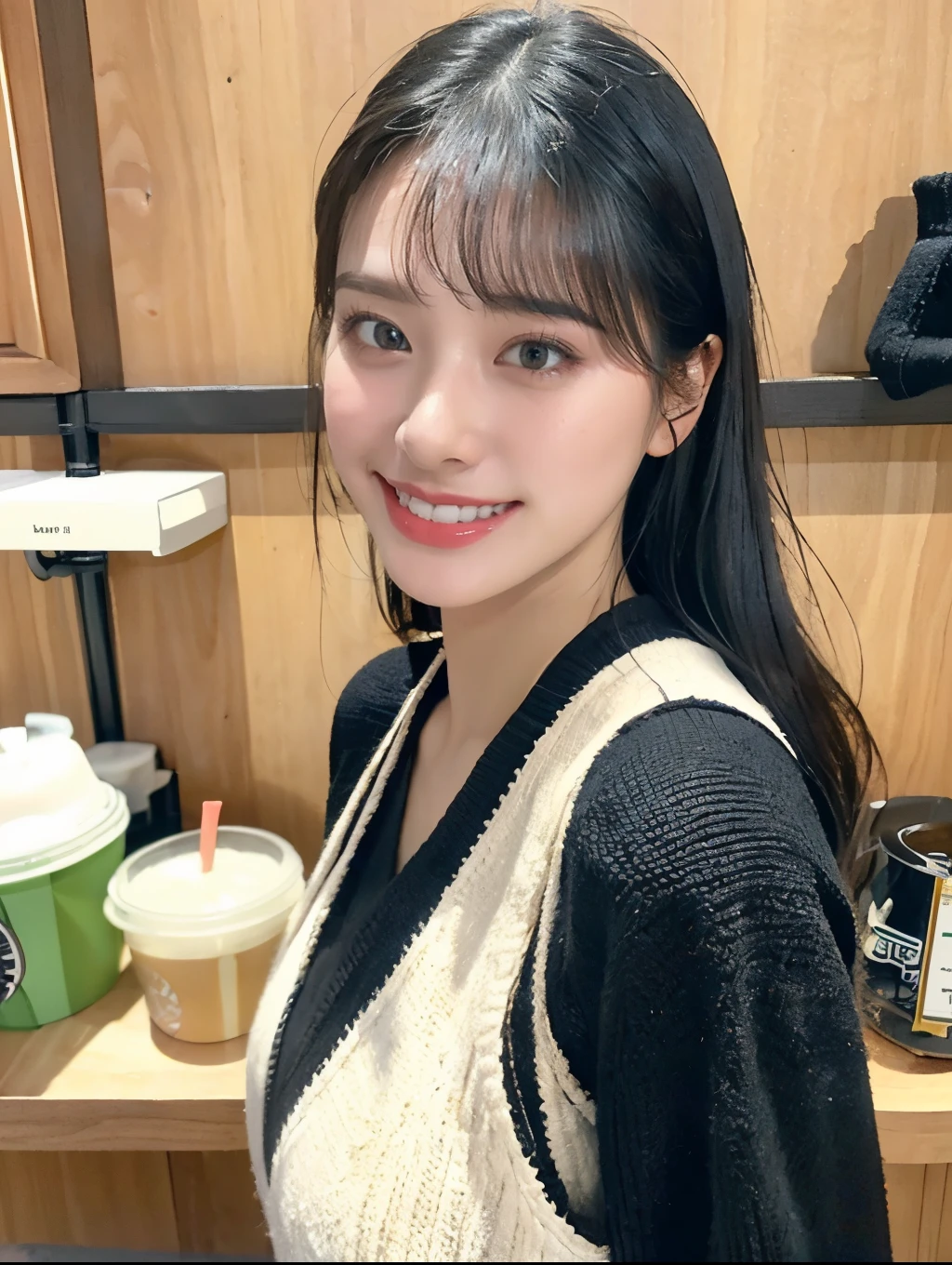 Very detailed、(8k、Highest quality、masterpiece:1.2)、(realism、Realistic:1.37)、Ultra-high resolution、Detailed face、(Highest quality)、(masterpiece)、 Super-Ultra-realistic、high quality、age 23、real Black Hair:1.5、sleek long hair、ponytail、Blunt bangs、swept bangs、double、(double teeth:1.5)、fair skin、squinched eyes、cold eyes、tsurime、smile、refreshing、Natural Makeup、Starbucks、wearing green apron on black knit、((wearing black knit:1.5、tight knit))、skinny pants、Mole、Starbucks Employee、looking back、slender、Height 150cm three size: 88.57.85