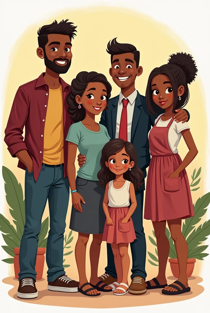 Create a logo for a snack bar, put 6 members with slightly dark skin, being 4 men, a man is a pastor with half indigenous skin and has to wear a suit and tie, three more chubby teenagers with brown skin, two women, one of the women being a child wearing a skirt and without earrings or jewelry, and the other woman is the black mother and has to wear a skirt and no jewelry or earrings, put the name Family Lanches right in the middle to make it stand out