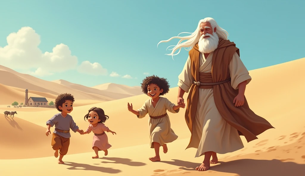 JOB WITH WHITE HAIR FROM THE BIBLE PLAYING WITH HIS CHILDREN NEAR HIS FARM IN THE DESERT