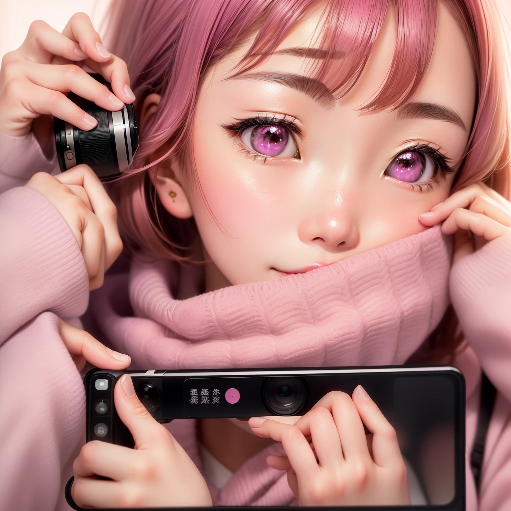 Close-up of a person wearing a pink sweater taking a photo, Small nose, Chiho, With a cute - lovely - face, shikamimi,  Cute beautiful face, Cute Nose, Yoshitomo Nara, Small, straight nose, My motto is Teshirogi, Aquiline Nose!!