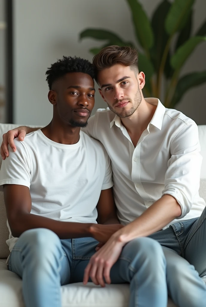 Create an scene featuring two adult men, one ebony and one twink skinny dude, engaged in a consensual sexual encounter. The setting should be a blue bedroom. The men should be portrayed in a loving and respectful manner, with an emphasis on their emotional connection and mutual consent. The composition should focus on their bodies intertwined, capturing the physicality of the moment while maintaining an artistic and tasteful perspective. Attention to detail is important, including the realistic depiction of their physiques, expressions of pleasure, and the overall mood of intimacy and closeness.
