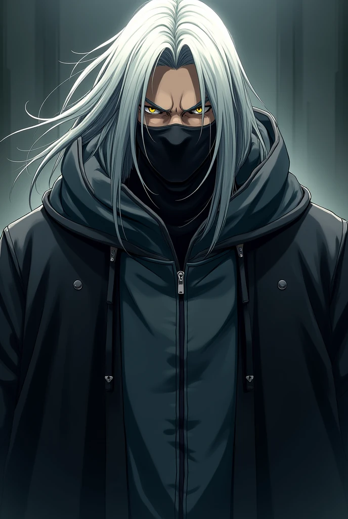 Intimidating anime guy with long white hair with a hoodie and a mask covering his face