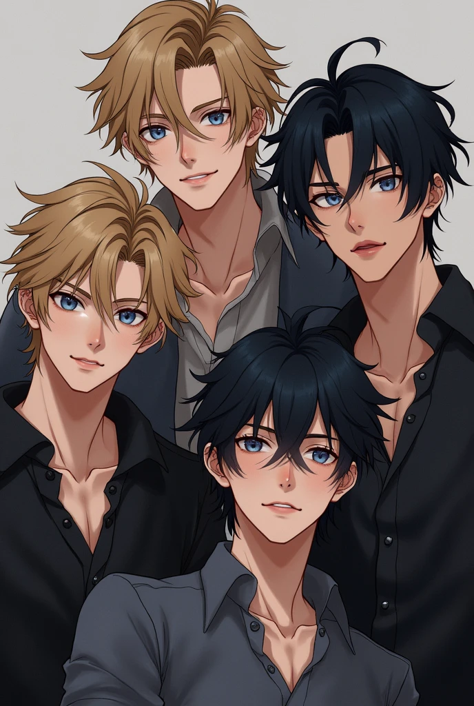 4 sexy boys 2 are blond with blue eyes and 2 have black hair and gray eyes