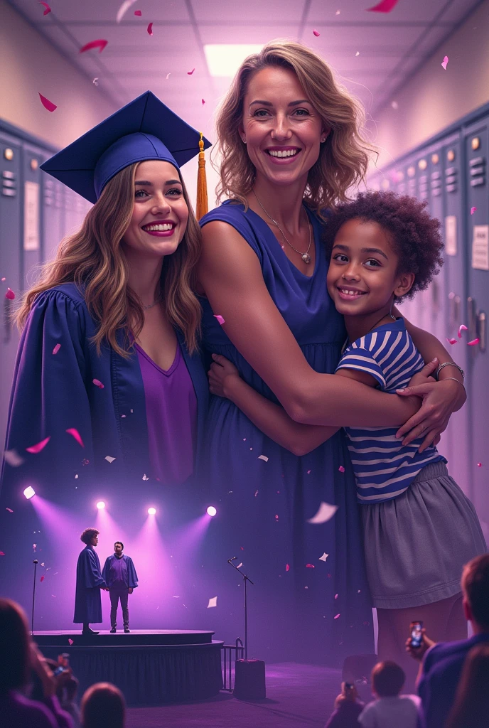 a collage, from a high school promotion of a girl, A proud mom and a ager at a spelling bee contest. Purple color palette