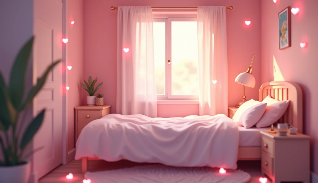 Background image, graphic CG digital art, girls room, bed with white sheets, table lamp, pink heat lights, warm soft light, no people, indoors, heart effects, 2.5D, delicate and dynamic, blurry