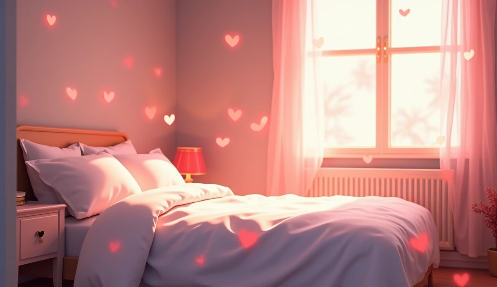 Background image, graphic CG digital art, girls room, bed with white sheets, table lamp, pink heat lights, warm soft light, no people, indoors, heart effects, 2.5D, delicate and dynamic, blurry