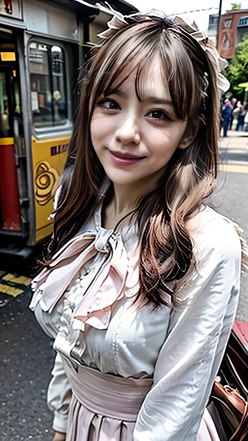 (A big smile、Squint your eyes and laugh)、(Realistic、Like a photograph、Live Action、8k, Realistic, RAW Photos, Best image quality: 1.4), Single-lens reflex camera、RAW Photos, Highest quality, Realistic, Highly detailed CG Unity 8k wallpaper, Written boundary depth, Cinematic Light, Lens flare, Ray Tracing, Realistic background、A landmine girl waiting for someone、((Wearing a white blouse:1.4)、((wear a frilly skirt:1.1)、Large Breasts))、((Ultra-Dense Skin))、 1 person、standing front of train station, Waiting for someone while looking at a smartphone、The whole body is visible:1.5、(Long hair with pink inner color:1.2、My hair is blowing in the wind)、stylish ambiance、The perfect outfit、(White skin)、Precise and beautiful legs:1.1、View from below、Highly detailed face、Anatomically correct body、Accurate fingering