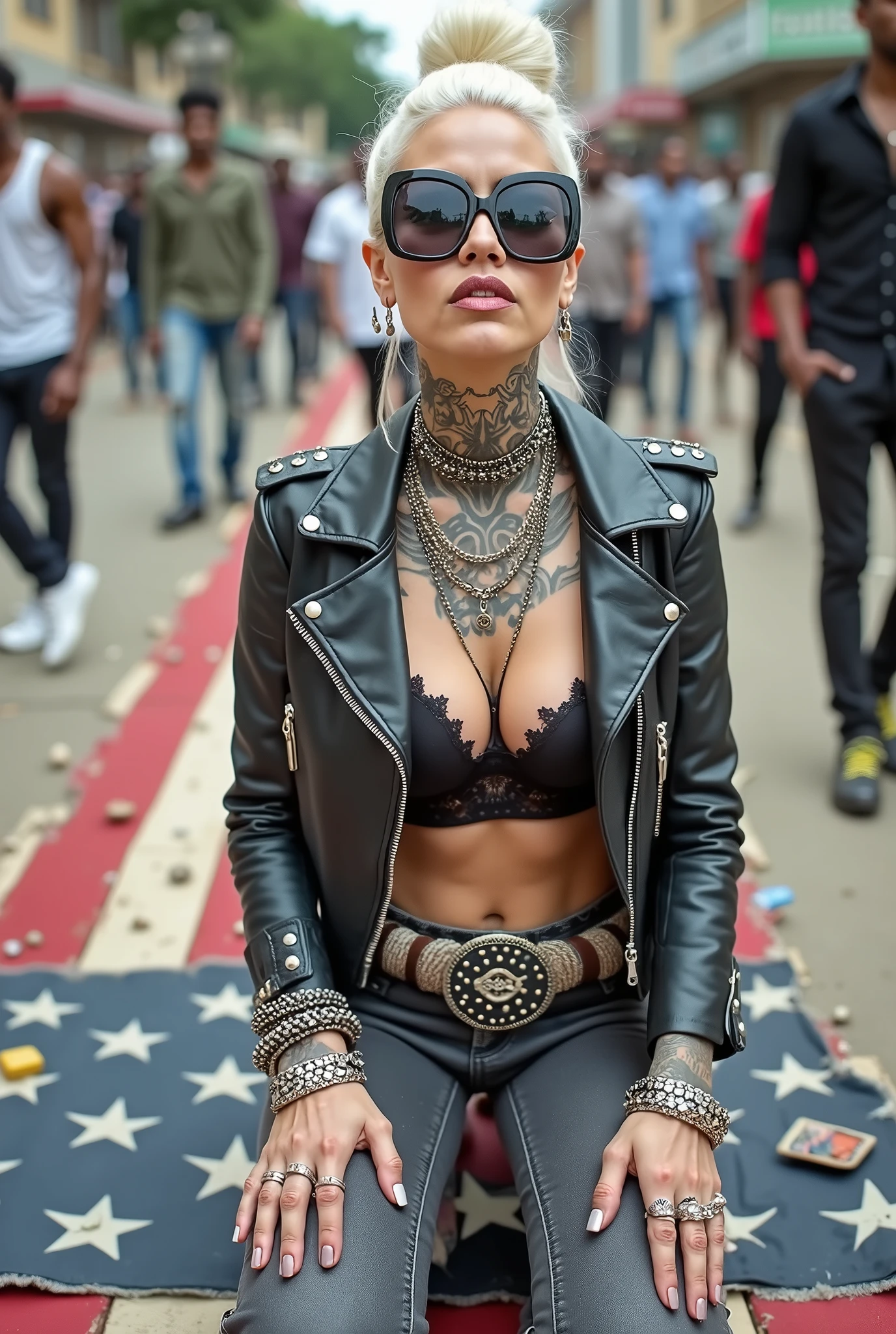 Anglosaxon old milf woman, , blonde platinum hair (beehive bun, black parsley headband), with very light green eyes, extremely pale. Wearing oversized square black maxisunglasses Wearing studded cropped black moto jacket (verical zippers on the sides). Black lace push up bra, dark grey skinny low rise jeans with holes on knees .White tennis sneakers. Lots of thick wide studded bracelets, chain collars and big rings. Tacky wide studded leather belt, with big skull and bones round buckle. Long earrings with chains. Kneeling on a large ragged usa flag, looking at the photographer. Craving, sensual face. Hands on knees. Waste and trash on the floor. Looking at the camera, chin up. Toned abdominals, thin neck, slim legs and thin arms. Neck, chest, belly, hands and arms completely tattoed. Street of Nairobi, crowded with standing people