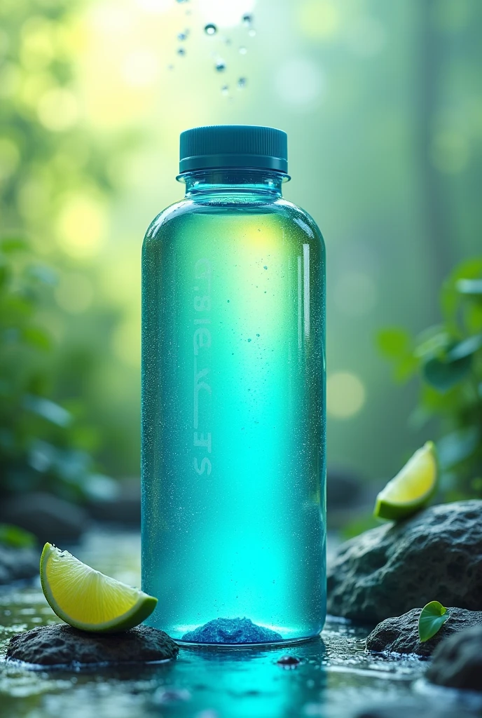 a blue and green hydration water bottle label with electrolytes and vitamins
