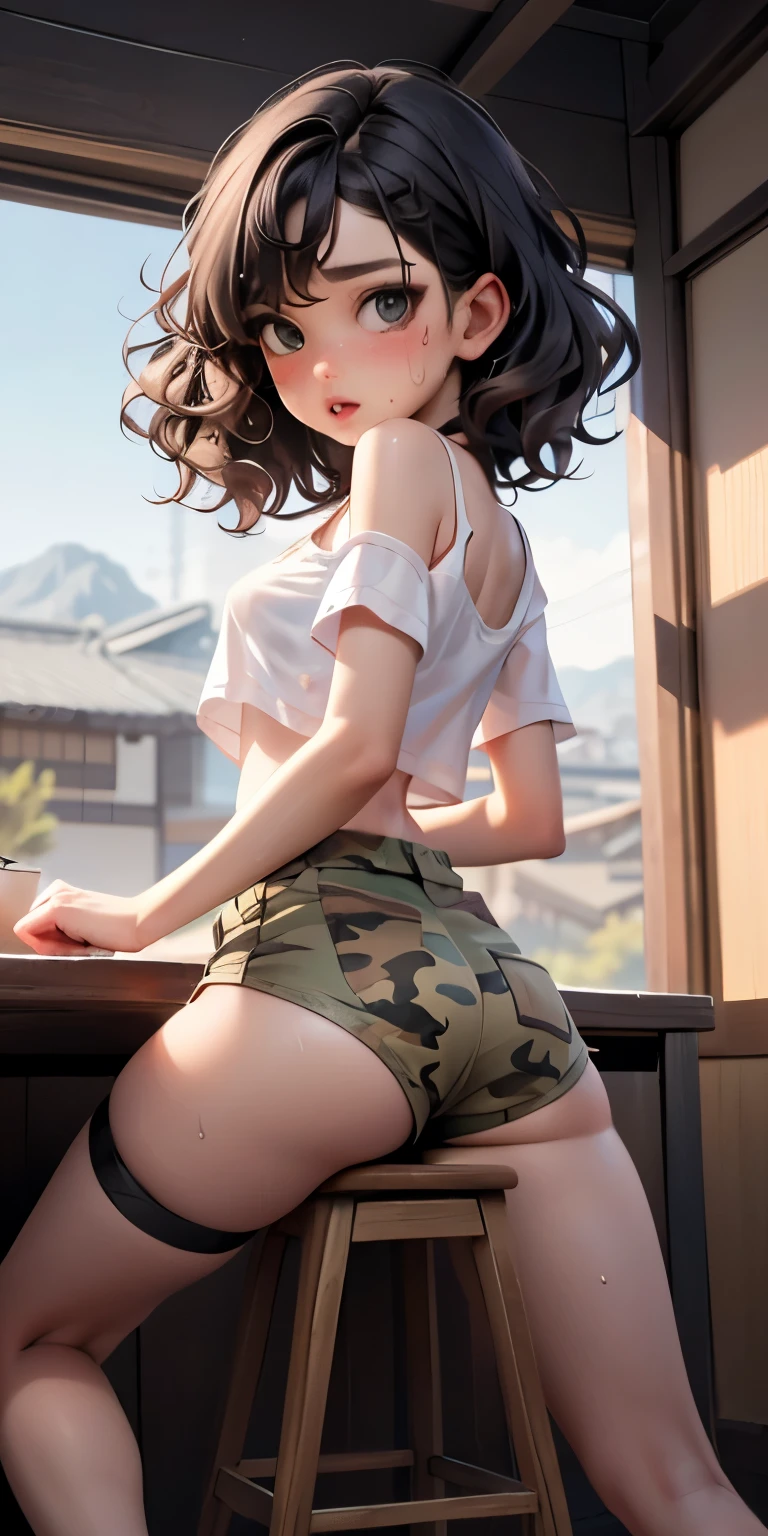 、Mouth wide open and orgasmic face、See-through、Tatami Japanese room、White shorts(Backwards posture with emphasis on buttocks, riding position)Realistic Face、Sweaty、(8-year-old)、(((black long wavy hair、)))Tomboy.Emphasis on breast valley((Wearing Desert camouflage t-shirt.Wearing khaki shorts))、((Wearing a red camisole))、Sexy posing、Moisturizing pink lips