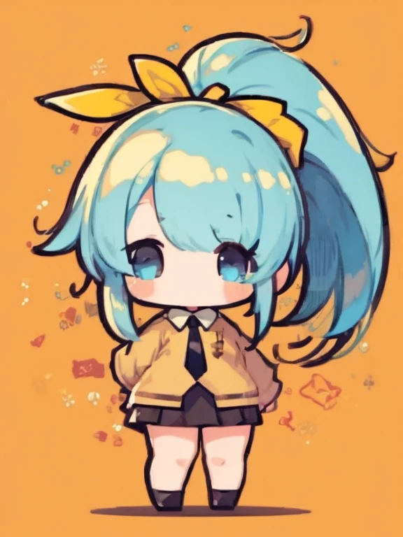 ((chibi)), big head, focus face, flat avatar, (masterpiece:1.2, highest quality), (Realistic, photoRealistic:1.4), Beautiful illustrations, (Natural Side Lighting, Cinema Lighting), Written boundary depth, Beautiful thighs staring at the viewer, 1 female, 20-year-old, alone, thin, slender, (small breasts), anime girl in a short red check skirt and Black blouse with formal collar ((yellow tie)), ((white sox)), yellow cardigan, ((Blue eyes)), Messy hair, High ponytail, hanayamata, single character full body, anime full body illustration, from girls frontline, full body single character, girls frontline style, anime vtuber full body model, render of april, full body with costume, full body illustration, visual novel sprite, fine details. girls frontline