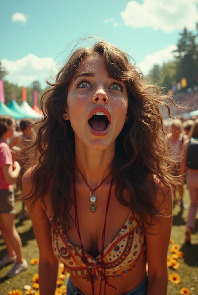 A yelling short hippie young woman at Woodstock . Dressed in sexy hippie clothes. Wide eyes