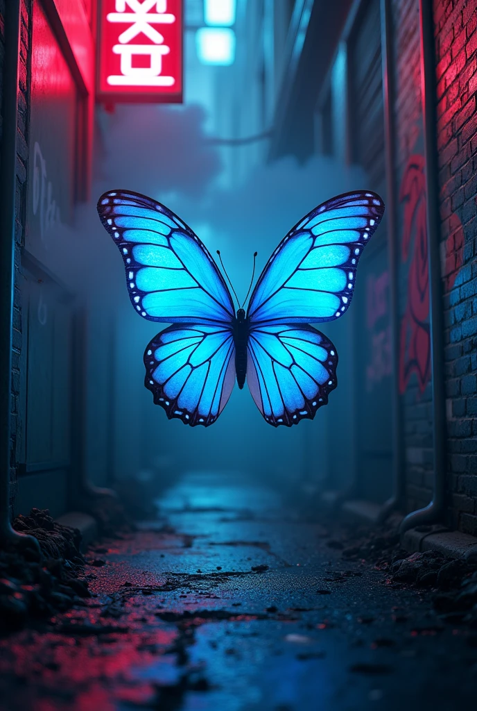 blue butterfly logo, street style, smoke, photorealistic, 3D render, intricate details, high contrast, moody lighting, gritty urban setting, neon accents, graffiti elements, dynamic composition, vibrant colors, cinematic atmosphere, (best quality,8k,highres,masterpiece:1.2),ultra-detailed,(realistic,photorealistic,photo-realistic:1.37)