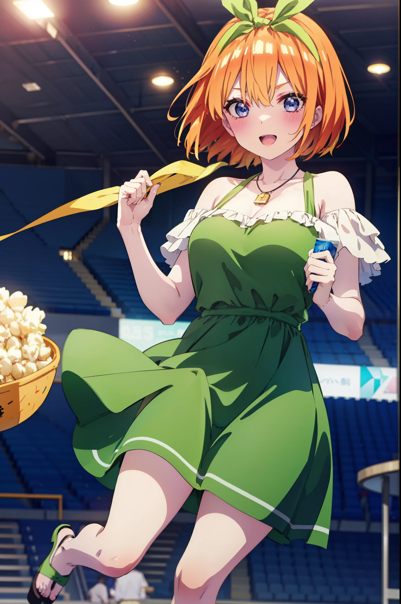 Yotsubanakano, Fourth floor Nakano, bangs, short hair, blue eyes, Hair between the eyes, hair ribbon, hair band, Orange Hair, (Green ribbon:1.5), smile, blush,Open your mouth,Off-the-shoulder mini skirt one-piece dress,Bare neck,bare clavicle,Bare shoulders,Rocket Pendant,Cute heeled sandals,Holding popcorn in both hands,Turning around,whole bodyがイラストに入るように,
break indoors, Stadium,Arena,
break looking at viewer, whole body,
break (masterpiece:1.2), Highest quality, High resolution, unity 8k wallpaper, (figure:0.8), (Beautiful attention to detail:1.6), Highly detailed face, Perfect lighting, Highly detailed CG, (Perfect hands, Perfect Anatomy),