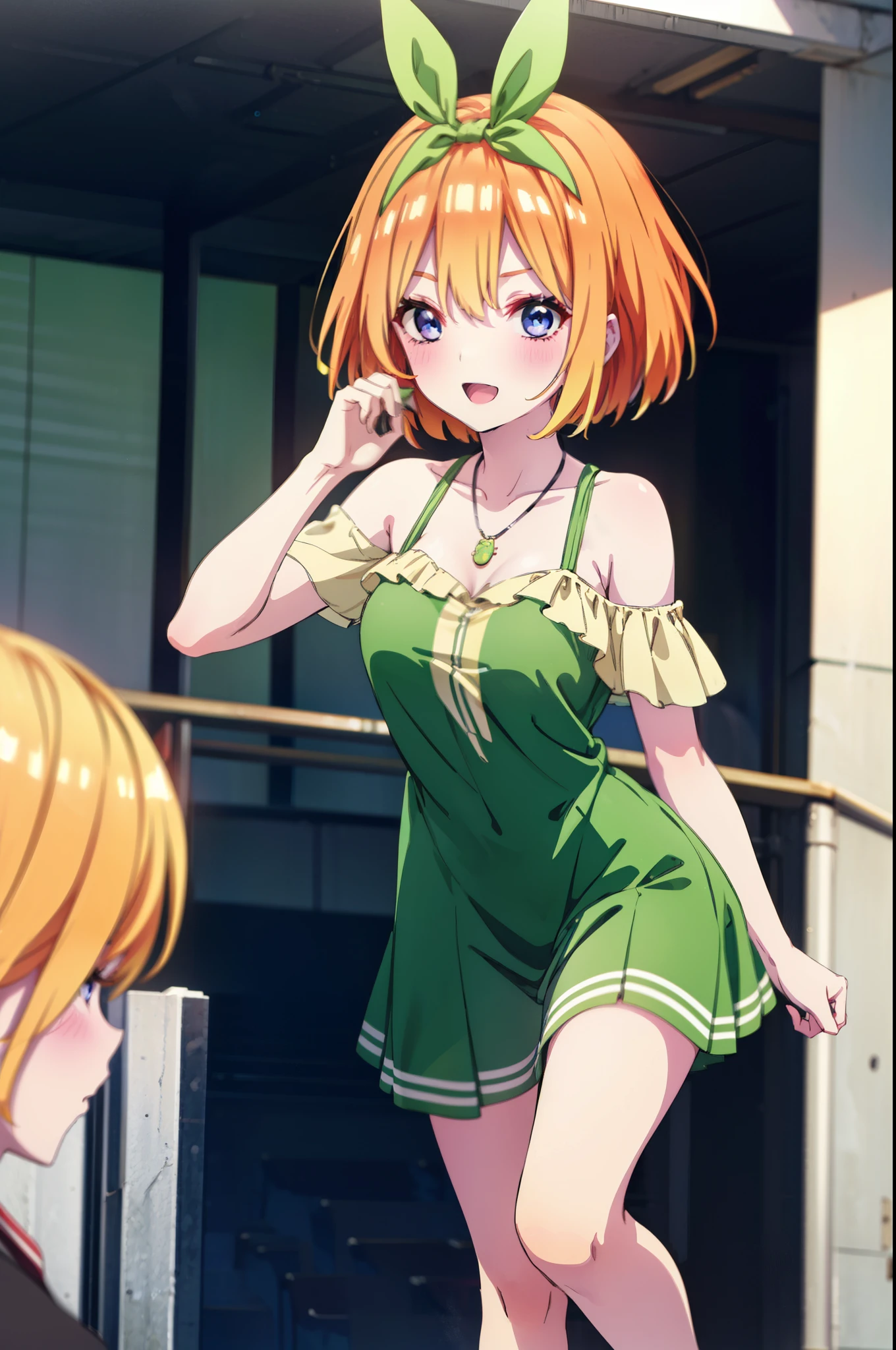 Yotsubanakano, Fourth floor Nakano, bangs, short hair, blue eyes, Hair between the eyes, hair ribbon, hair band, Orange Hair, (Green ribbon:1.5), smile, blush,Open your mouth,Off-the-shoulder mini skirt one-piece dress,Bare neck,bare clavicle,Bare shoulders,Rocket Pendant,Cute heeled sandals,Holding popcorn in both hands,Turning around,whole bodyがイラストに入るように,
break indoors, Stadium,Arena,
break looking at viewer, whole body,
break (masterpiece:1.2), Highest quality, High resolution, unity 8k wallpaper, (figure:0.8), (Beautiful attention to detail:1.6), Highly detailed face, Perfect lighting, Highly detailed CG, (Perfect hands, Perfect Anatomy),