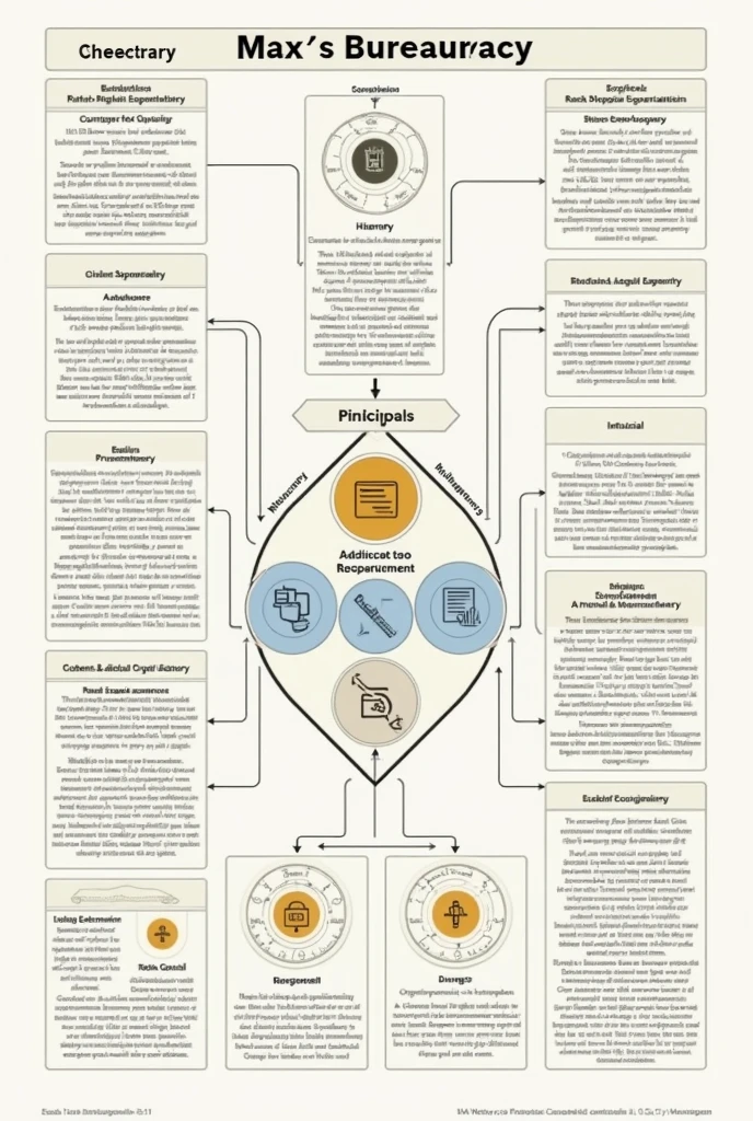 Make a graphic organizer with this information Theory of BureaucracyAuthor: Max WeberYear of Origin: 19221. Rational-Legal AuthorityDescription: Authority is based on formally established legal norms and regulations.. It is the basis of power in a bureaucratic organization..2. HierarchyDescription: Organizations are structured in hierarchical levels where each level is supervised by the next higher level.. This ensures a clear chain of command and control..3. Rules and RegulationsDescription: The functioning of the organization is governed by a set of formal rules and regulations that are applied consistently.. These rules guide behavior and decisions within the organization..4. Division of LaborDescription: Tasks within the organization are divided and assigned to specialized individuals or groups., allowing for greater efficiency and specialization.5. ImpersonalityDescription: Decisions and interaction in the organization are based on rules and norms., not in personal relationships. This ensures objectivity and eliminates favoritism..