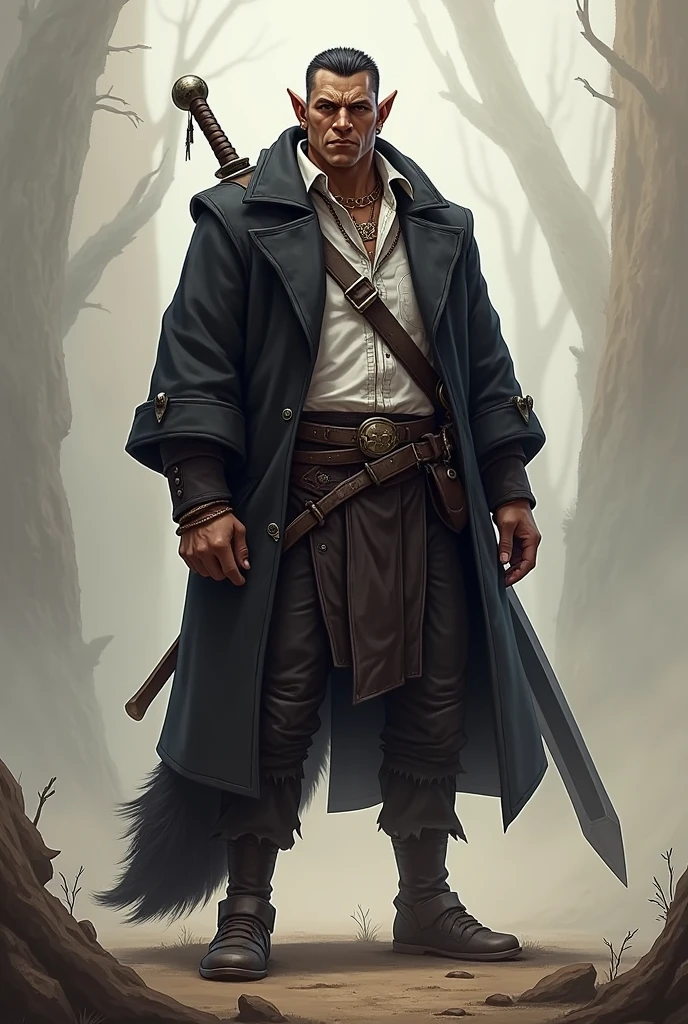 He is a tall indigenous man, 2 meters tall, with a square face and short dark hair and a beardless face with a smooth, clean-shaven face. His eyes are wolf-like and one of them is closed with pointy ears with earrings. He wears a dark black overcoat with a white shirt underneath and dark pants and has a strong physique with broad shoulders and chest and a large wolf tail. A large sword is strapped to his back. I would like the art in a fantasy RPG style. In the Old West