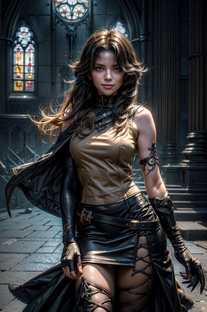 (masterpiece, best quality:1.2), cowboy shot, solo, 1girl, cinder fall, evil smile, looking at viewer, long hair, t-shirt, white skirt, sleeveless jacket, elbow gloves, pantyhose, standing inside huge gothic cathedral (volumetric lighting), sharp focus, hyper detailed