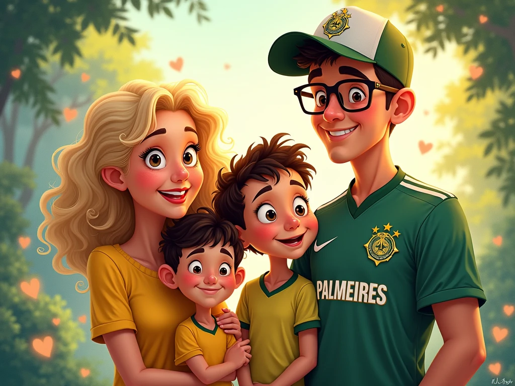 A drawing of a family of 4 all smiling, the blonde mother with curly hair, the father with a cap and a Palmeiras shirt, the son short dark hair and glasses, and the youngest daughter with curly brown hair with a bow. Disney style