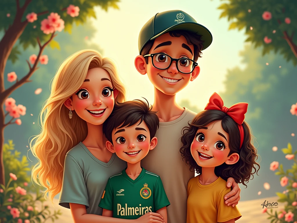 A drawing of a family of 4 all smiling, the blonde mother with curly hair, the father with a cap and a Palmeiras shirt, the son short dark hair and glasses, and the youngest daughter with curly brown hair with a bow. Disney style