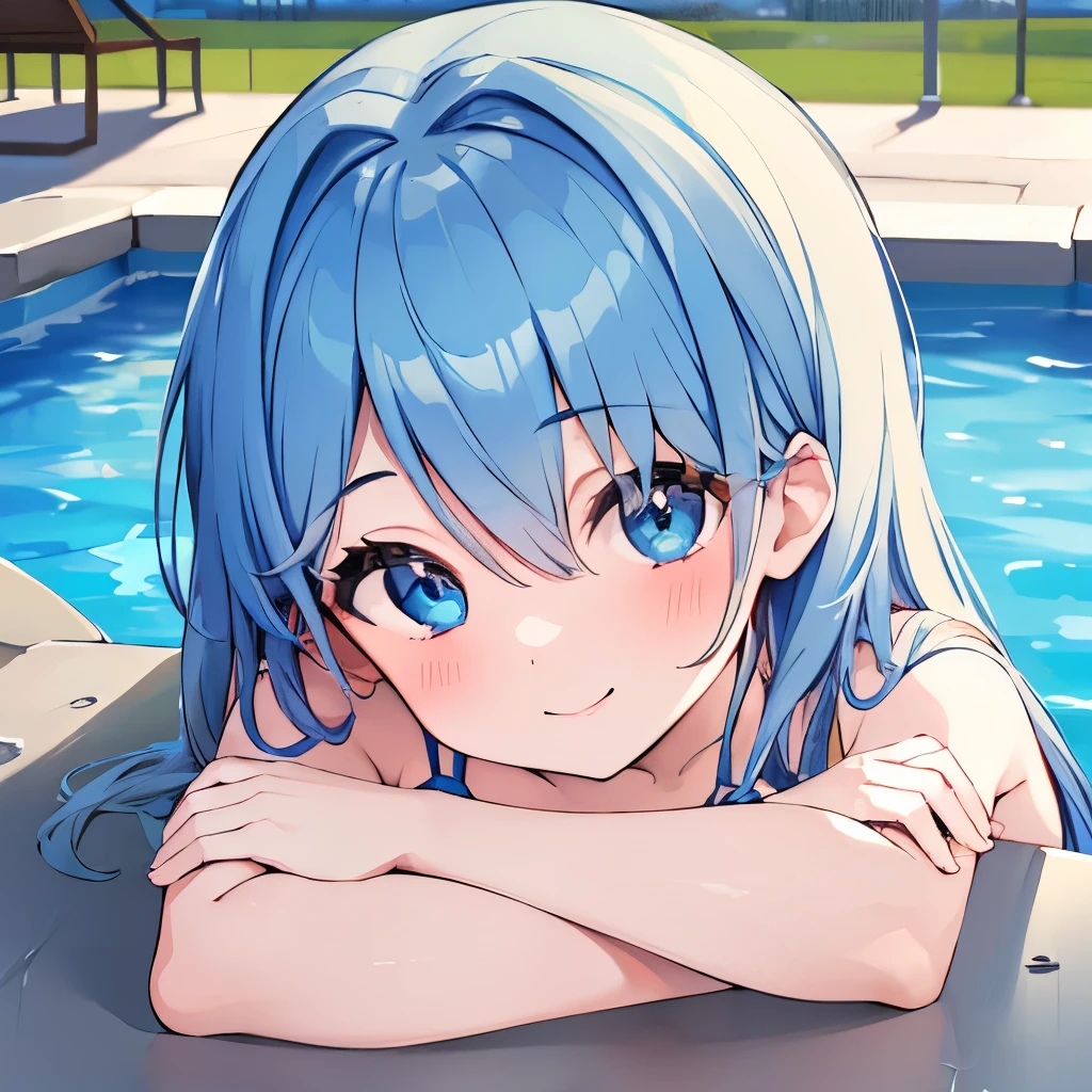 ((masterpiece)), ((best quality)), (ultra-detailed), pool, a cute girl, 1girl, solo, bikini, ((beautiful eyes)), smile