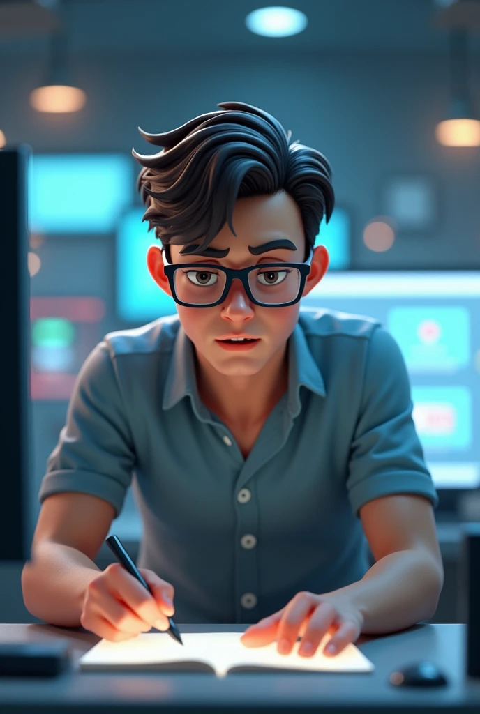 A front-facing animation of a 29-year-old man, moderately strong brown, medium length, dark hair, slightly square glasses,  in a technology scenario 