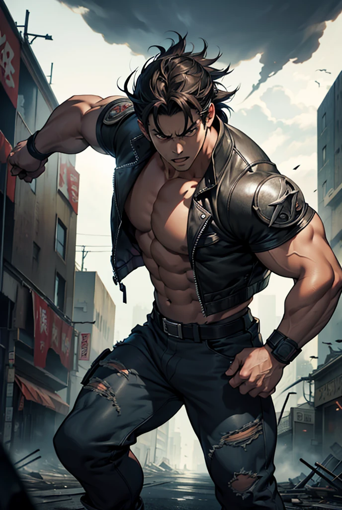 Jin Kazama, Tekken, intense expression, long flowing dark hair, muscular build, demonic aura, extremely confident,post-apocalyptic city, ruined buildings, dramatic lighting, 8k, high resolution, detailed, anime style