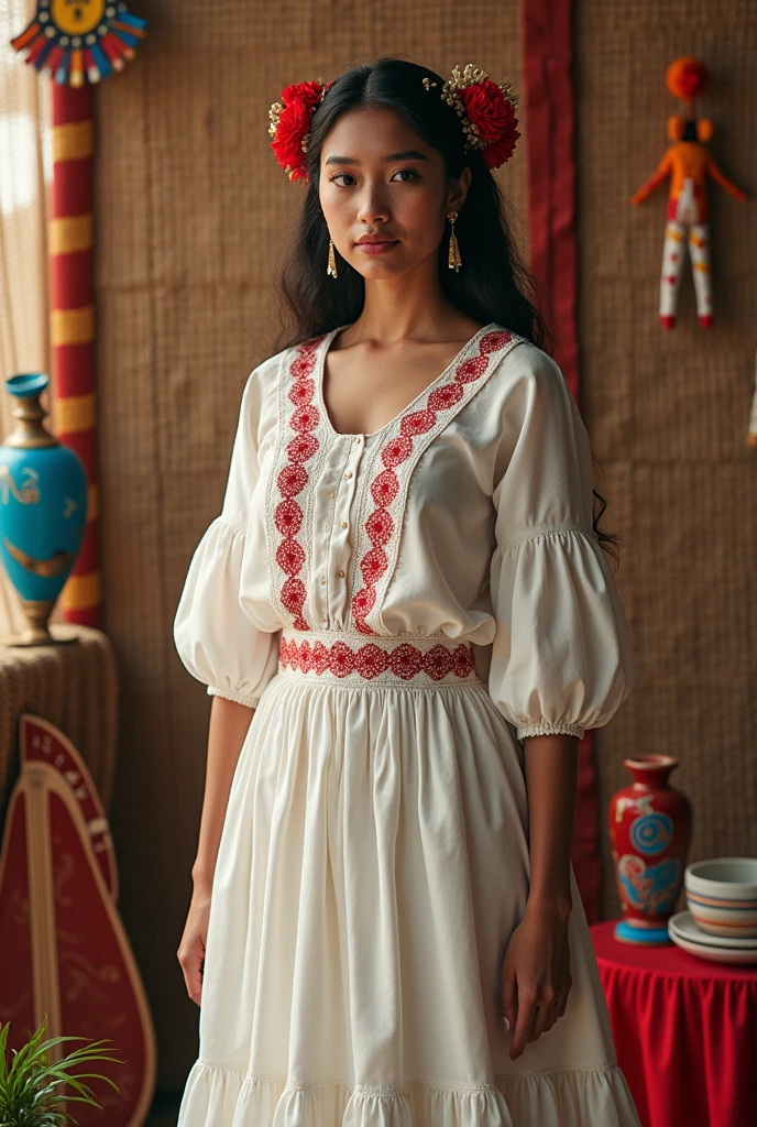 folklore paraguay: trip, harp of the paraguayan, handicraft; cantaro, screen; Mythology, yasy yatere pombero Paraguayan flag( red white and blue)
Woman in traditional Paraguayan clothing: white skirt and white shirt with red lace