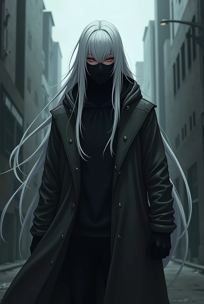 Intimidating anime guy with long white hair with a hoodie and a mask covering his entire face
