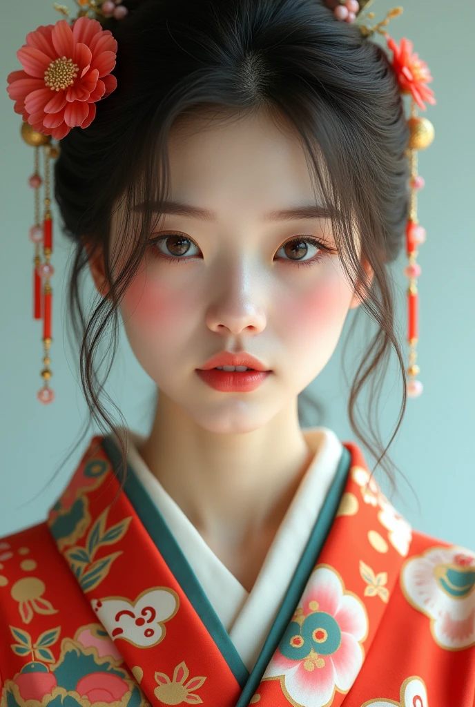 A beautiful young woman wearing brightly colored Japanese clothing、