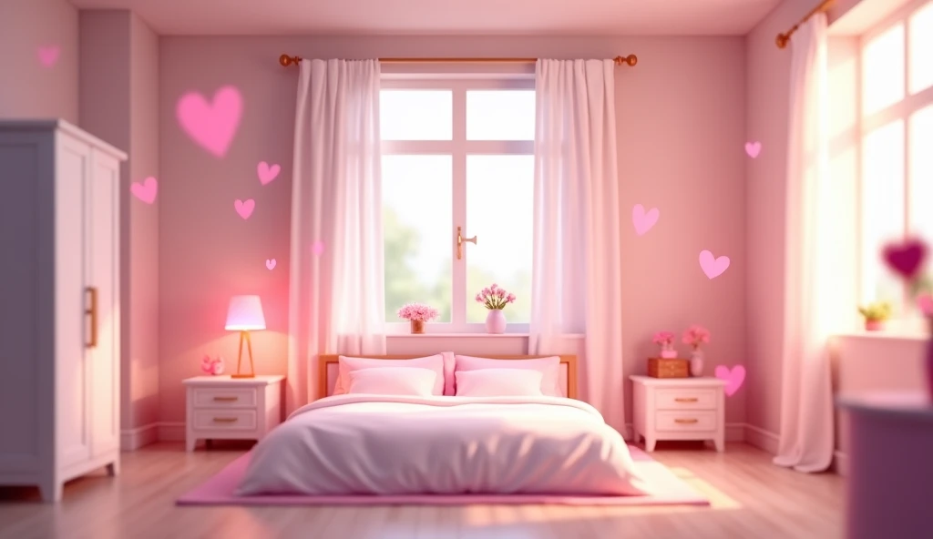 Background image, graphic CG digital art, girls room, spacious, white wardrobe, bed with white sheets, table lamp, pink heat lights, warm soft light, no people, indoors, heart effects, 2.5D, delicate and dynamic, blurry 