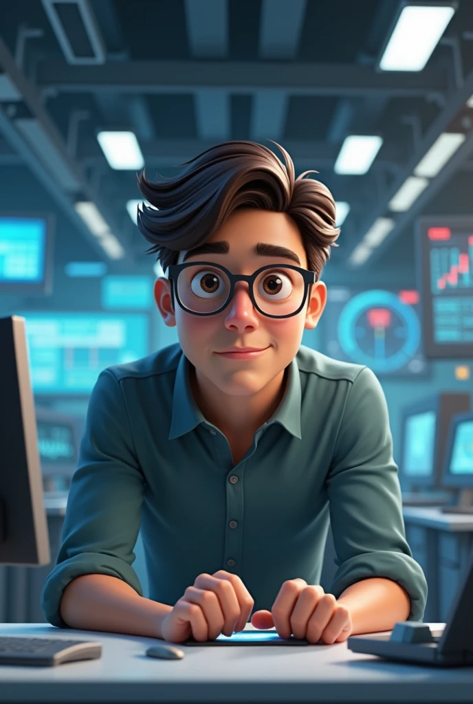 A front-facing animation of a 29-year-old man, moderately strong brown, medium length, dark hair, slightly square glasses, in a technology scenario