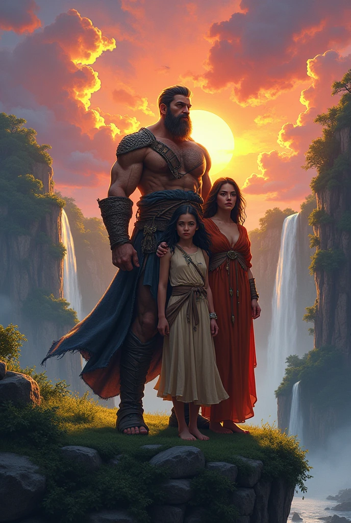 A book cover with the title "As Incríveis Aventuras de Thalor" at the top. Below the title, there's a man with a beard and a determined expression protecting two women. They are standing on a floating island with lush vegetation and waterfalls. The background sky has a dramatic sunset with vibrant colors.