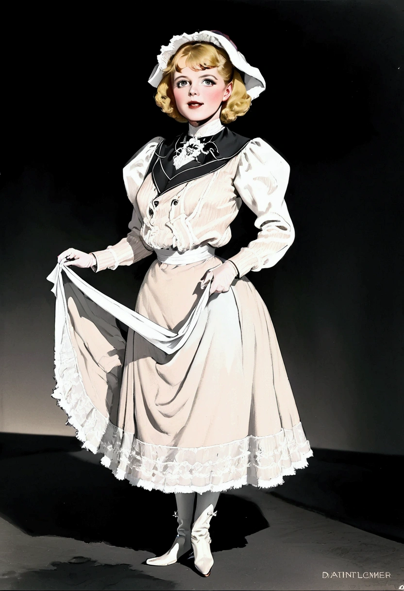 Lola Loud, a pretty **** blonde beauty queen of the 1900s flirting with an old man, daintily lifting her skirts to reveal her high-waisted bloomers, garter silk stockings and boots. Year 1901. 1900_dr3ss. High-collar long sleeve shirtwaist 