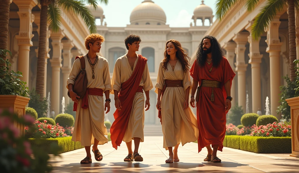 Four young Jews between 15 and who live in Babylon at the time of Nebuchadnezzar look happy and well dressed and in good health. One has blond hair, one has reddish hair, one has brown hair, one has black hair. Both are walking through the gardens of the royal palace.