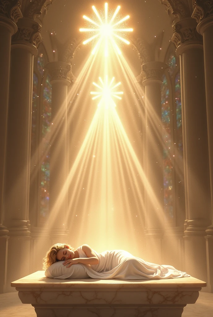 Create a mesmerizing, hyper-realistic image of the "Four of Lights" card for the Lumen Angelis deck. The scene is set within a grand, ethereal cathedral that seems to float in a celestial realm. The architecture is otherworldly, with soaring arches and intricate stained-glass windows depicting angelic beings and divine symbols. The entire space is bathed in a soft, golden light that emanates from the very air, creating an atmosphere of serene reverence.

At the center of this sacred space lies a majestic marble altar, polished to a mirror-like sheen. Upon this altar, an angelic figure rests in peaceful slumber, their form radiating a gentle, divine glow. The angel is draped in flowing, silken robes of pure white, which shimmer with the subtle colors of the rainbow as they catch the light. Their wings are spread slightly, feathers delicately ruffled as if caught in a soft breeze, each feather intricately detailed with veins of light that pulse with a calming energy.

Above and around the angel, four beams of light are positioned in a protective formation. One beam lies horizontally across the altar, symbolizing rest and the peace that comes with surrendering to the divine. The other three beams float vertically above, forming a triangular halo of light that cascades down, enveloping the angel in a cocoon of celestial energy. These beams of light are not mere rays; they are composed of countless tiny, sparkling particles, swirling gently within the beams like a river of stars, giving the impression that these lights are alive, sentient, and full of divine purpose.

The background is filled with the grandeur of the celestial cathedral. The stained-glass windows cast vibrant, kaleidoscopic patterns onto the angel and the altar, creating a dance of colors that reflect the multifaceted nature of divine rest and protection. High above, a massive, glowing orb hovers, radiating a soft, pulsating light that represents the divine source from which all life flows.