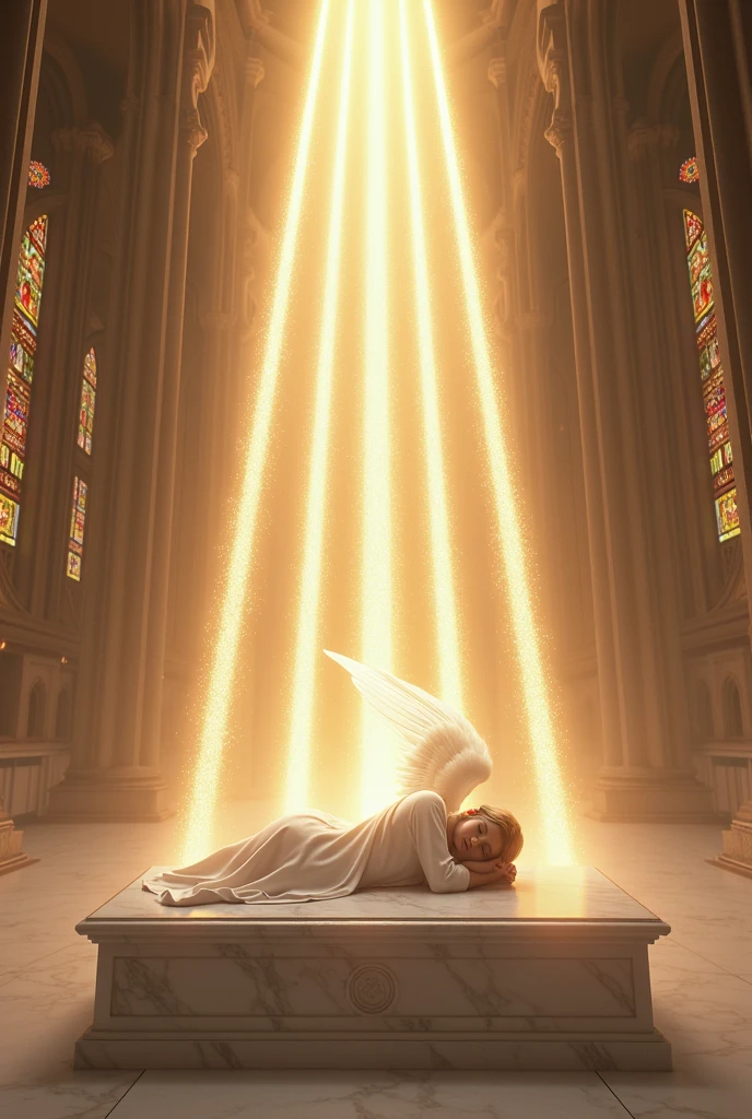 Create a mesmerizing, hyper-realistic image of the "Four of Lights" card for the Lumen Angelis deck. The scene is set within a grand, ethereal cathedral that seems to float in a celestial realm. The architecture is otherworldly, with soaring arches and intricate stained-glass windows depicting angelic beings and divine symbols. The entire space is bathed in a soft, golden light that emanates from the very air, creating an atmosphere of serene reverence.

At the center of this sacred space lies a majestic marble altar, polished to a mirror-like sheen. Upon this altar, an angelic figure rests in peaceful slumber, their form radiating a gentle, divine glow. The angel is draped in flowing, silken robes of pure white, which shimmer with the subtle colors of the rainbow as they catch the light. Their wings are spread slightly, feathers delicately ruffled as if caught in a soft breeze, each feather intricately detailed with veins of light that pulse with a calming energy.

Above and around the angel, four beams of light are positioned in a protective formation. One beam lies horizontally across the altar, symbolizing rest and the peace that comes with surrendering to the divine. The other three beams float vertically above, forming a triangular halo of light that cascades down, enveloping the angel in a cocoon of celestial energy. These beams of light are not mere rays; they are composed of countless tiny, sparkling particles, swirling gently within the beams like a river of stars, giving the impression that these lights are alive, sentient, and full of divine purpose.

The background is filled with the grandeur of the celestial cathedral. The stained-glass windows cast vibrant, kaleidoscopic patterns onto the angel and the altar, creating a dance of colors that reflect the multifaceted nature of divine rest and protection. High above, a massive, glowing orb hovers, radiating a soft, pulsating light that represents the divine source from which all life flows.