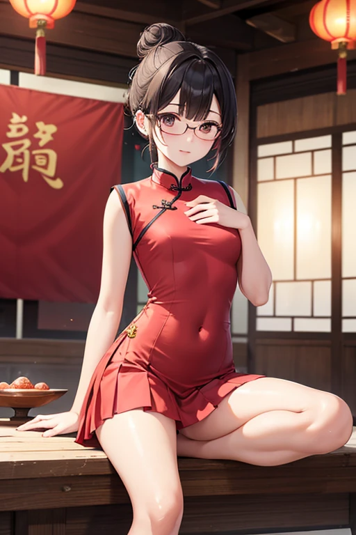Korean girl
,Wear glasses
,Red Chinese cheongsam
,White pleated short skirt
,short skirt
,Black messy bun
,brown eyes
,small waist
,See the thighs and navel
,Attending the Chinese New Year Festival
,Beautiful composition
,Taken by a professional photographer
,Barefoot
,I'm sweating a lot.
,be happy
,Thin eyebrows, not too dark
,High nose
,small breasts
,Wet legs
,Don't be a jerk.
,small
,sparkling eyes
,pink mouth