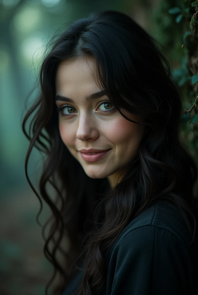 Solo portrait photo of a real life 30 years old girl with dark fantasy background, Charming Smile by Ando Fuchs and Julius Horsthuis Ultra-realistic, highly detailed, intricate, photorealistic analog style photography, sharp focus on eyes., cinematic lighting
