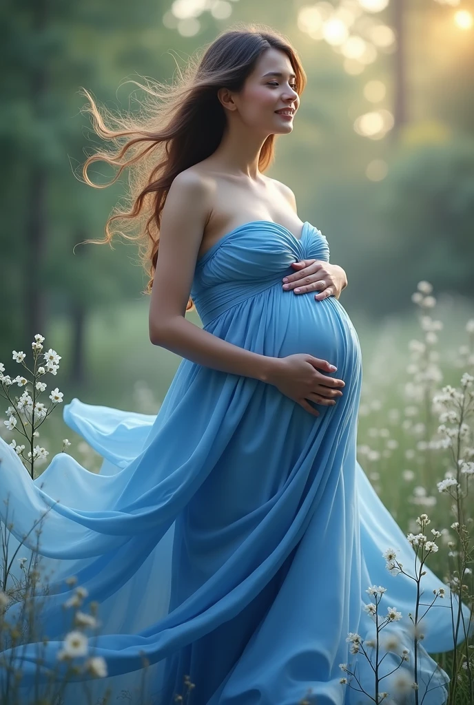 gestante, 9 meses, flowing blue dress