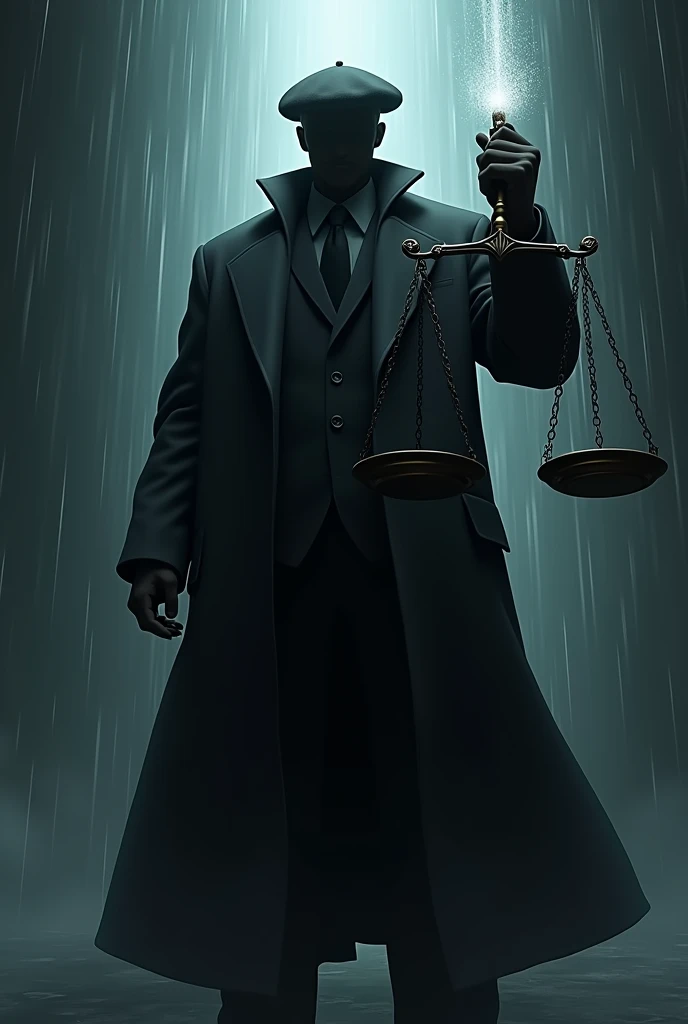 realistic animation. black male, sombra no rosto, with overcoat, Suit, beret and scales of justice. dark colors and awesome aura with super power rain