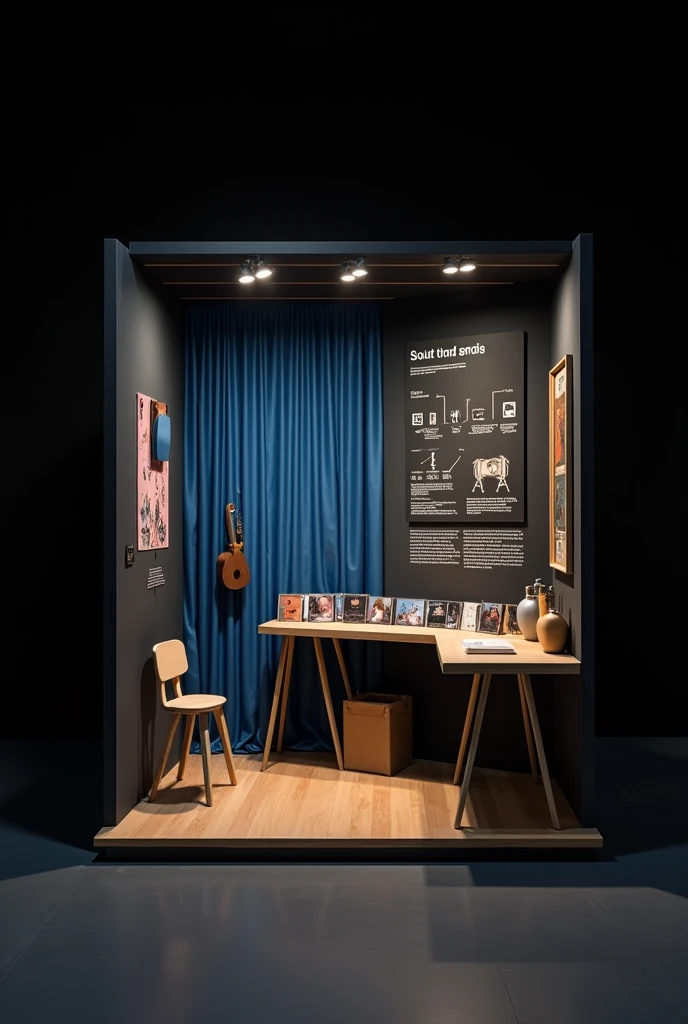 Create a stand in the format 3 wide and 2,20 high, with the walls all black, on one side a blue and silver metallic curtain with a row of CDs next to it, on the other side make a timeline about the sound and music and on the last wall leave it just black.

Make it in a simpler style, delicate but as if it were a child who had done it and with all the information previously passed on. Put all the information the way I said You got it all wrong 