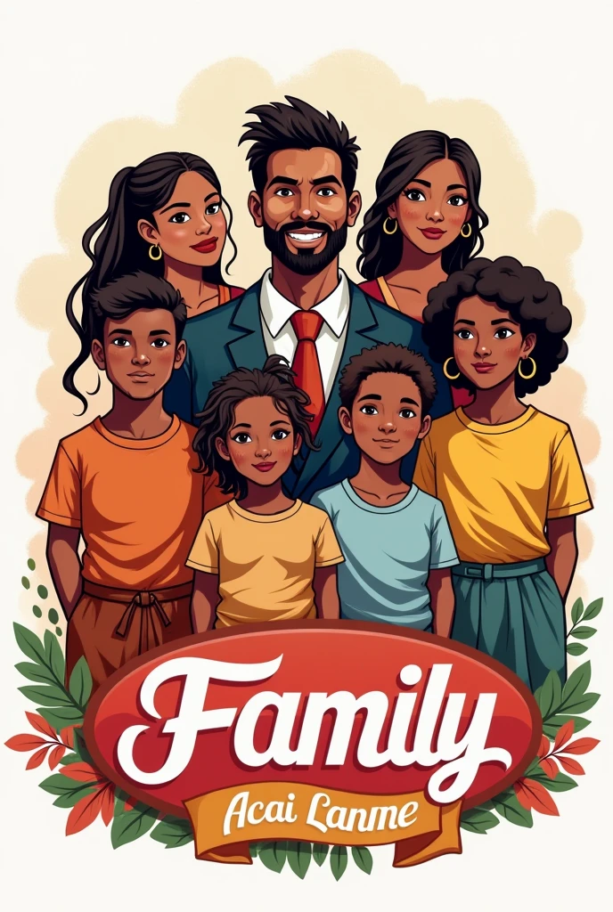 Create a logo for a snack bar, put 6 members with slightly dark skin, being 4 men, a man is a pastor with half indigenous skin and has to wear a suit and tie, three more chubby teenagers with brown skin, two women, one of the women being a child wearing a skirt and without earrings or jewelry, and the other woman is the black mother and has to wear a skirt and no jewelry or earrings, put the name Family Açaí Lanches right in the middle to make it stand out