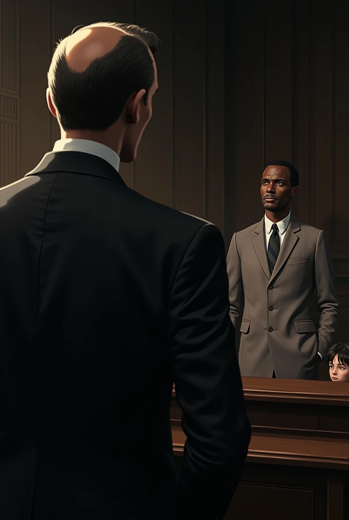*The verdict**:
- **Description**: The jury has declared Tom Robinson guilty(african american man) culpable. Atticus(White man) has an expression of disappointment and sadness. The children are in the audience, with looks of anguish.
- **Details**: The scene should capture the shock and sense of injustice in the courtroom atmosphere..