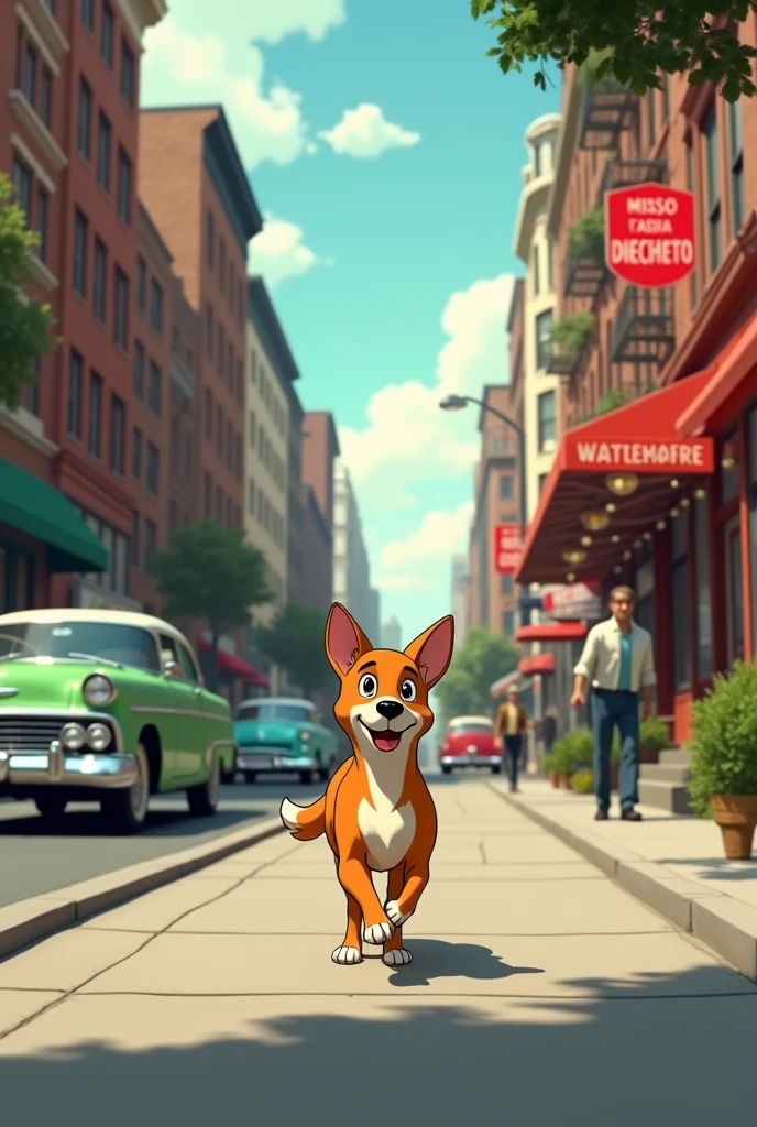 Create an animation set in the 50s where you can see the dog Laika walking down the street