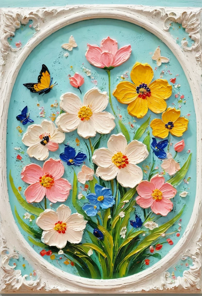 Decorative paintings,A painting in a white plaster frame:(((Soft tones,Chalk painting,Oil stick painting,flight,Thick coating,Uneven texture,Plaster texture,Graffiti)))。韩式裱花Decorative paintings,3D Decorating,French style flower decoration,Warmth