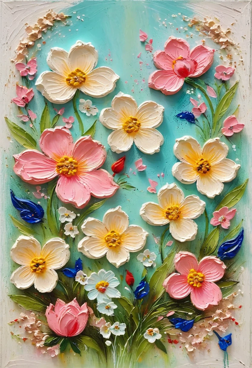 Decorative paintings,A painting in a white plaster frame:(((Soft tones,Chalk painting,Oil stick painting,flight,Thick coating,Uneven texture,Plaster texture,Graffiti)))。韩式裱花Decorative paintings,3D Decorating,French style flower decoration,Warmth