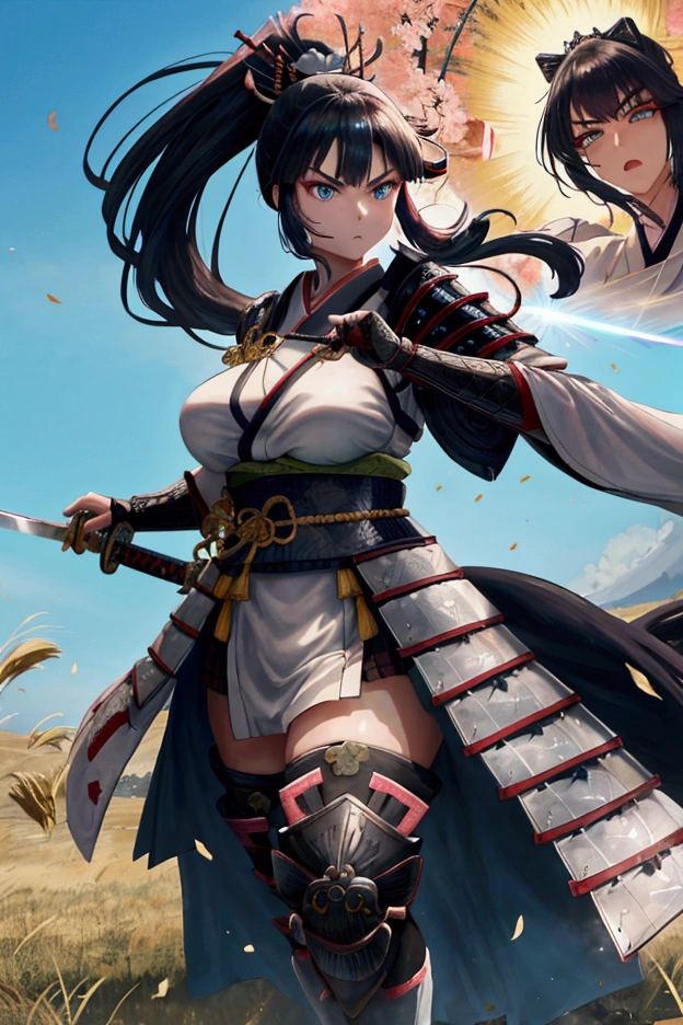 (Japanese women)、(Warrior Princess)、(Goddess of War)、(Black Hair)、(ponytail)、(Old Japanese Armor)、((Holding the Japan sword))、(Physical Beauty)、(Hateful)(True to prompts)、(Deluxe)、(Glaring with sharp eyes)、(Super big breasts),(battlefield)、(grassland)、((A large number of soldiers))、(sunny)、(blue sky)、(Best lighting)、{{{Browsing Caution}}}、{{{masterpiece}}}, {{{Highest quality}}}, {{ultra-detailed}}, {{shape}}, {{{Very delicate and beautiful}}},{{extremely detailed CG}}、{{unity 8k portrait}}、{{Fabric Shading}}、{{super detailed skin}}、{{Perfect Anatomy}}、{{detailed}}、{{Dynamic Lighting}}、{{{beautiful detailed eyes}}}、{{{beautiful detailed Face}}}、(Perfect Legs)、(Perfect breasts)、(Perfect pose)、(Perfect body)