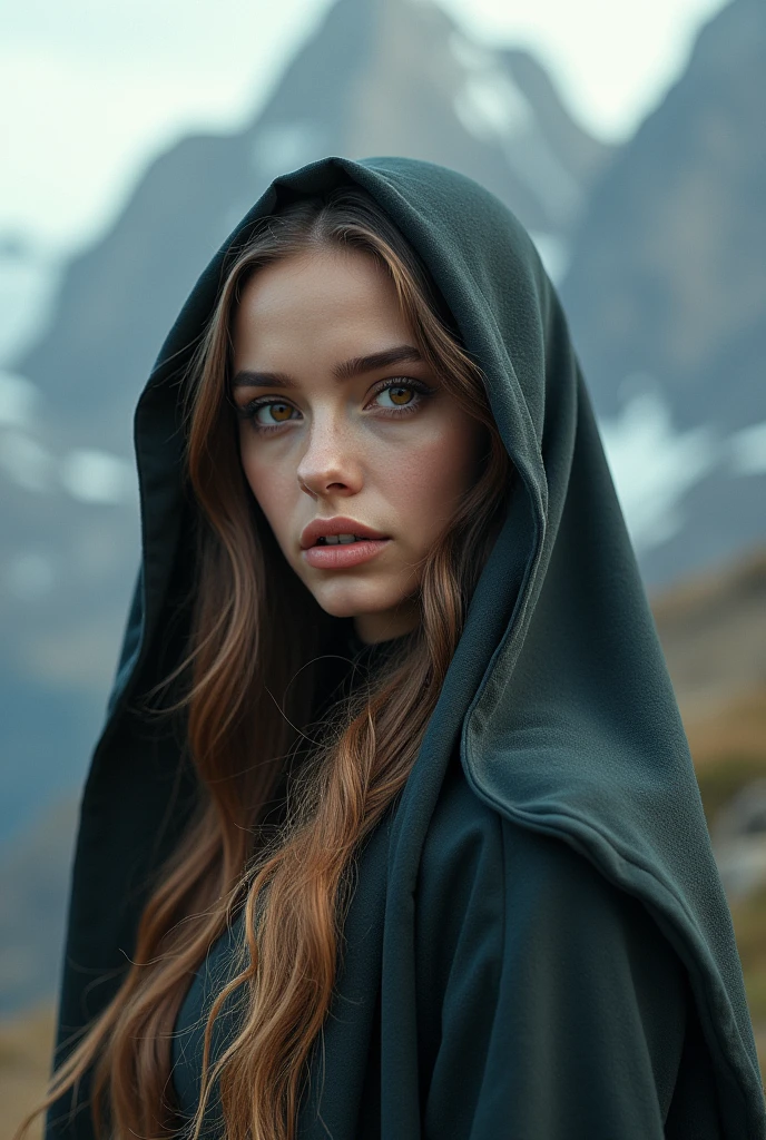 Woman of European origin with long hair ,big brown eyes, big mouth , large nose, standing with her back to a mountain with a veil on her head covering her hair