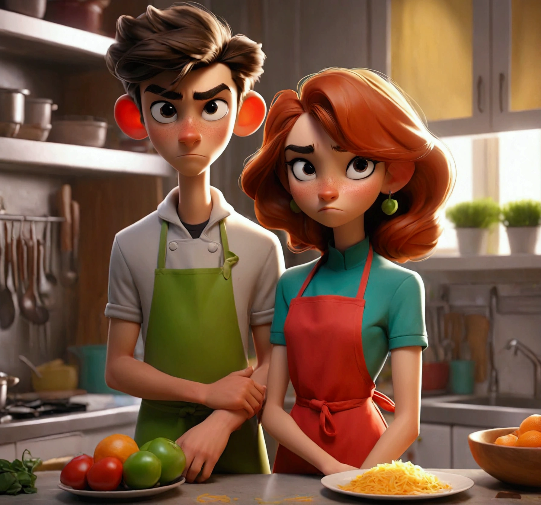 a 20 year old man and a 20 year old woman in a kitchen